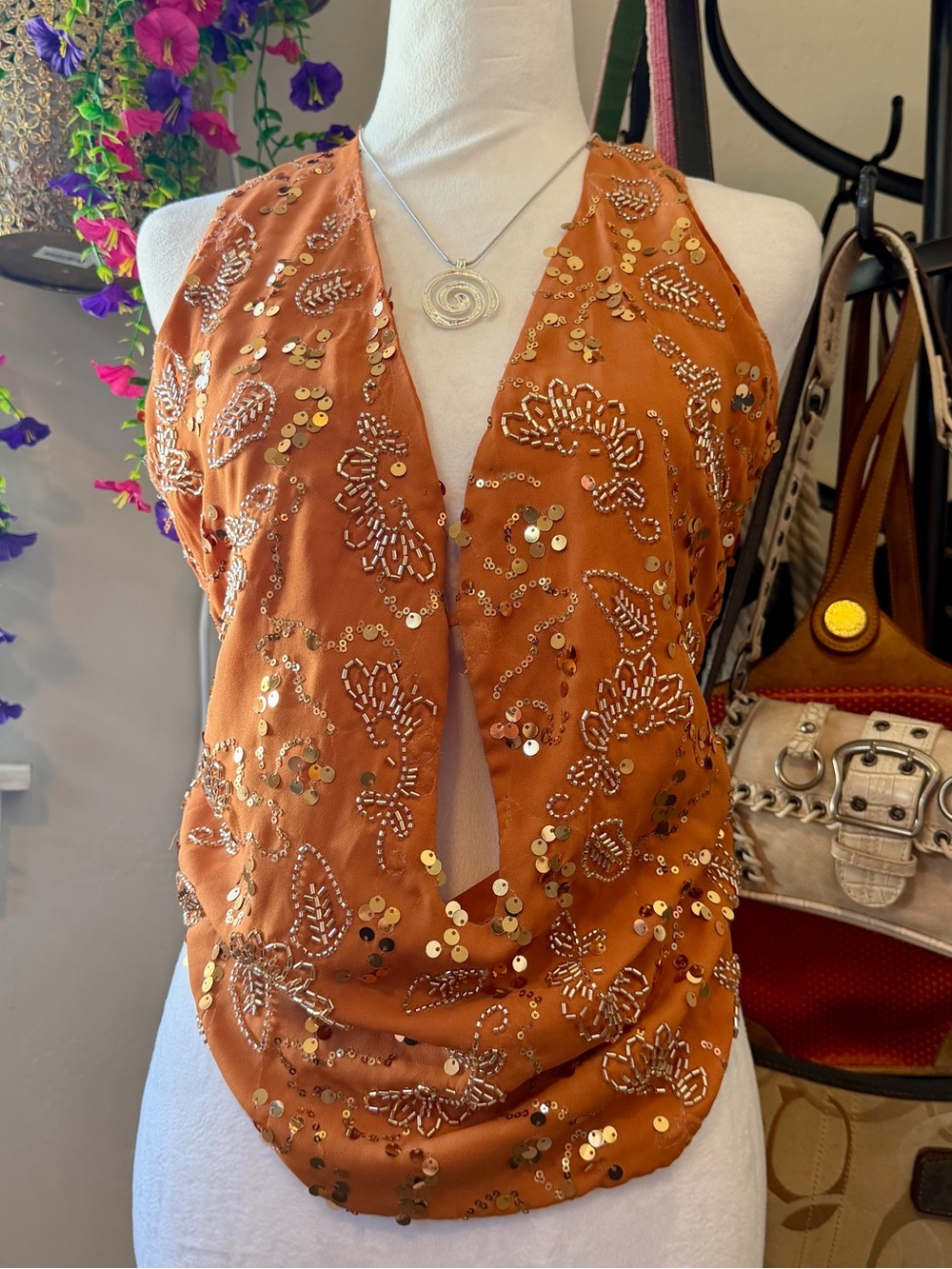 12th Tribe Orange Beaded Sequin Halter Mermaid-Core Festival Top